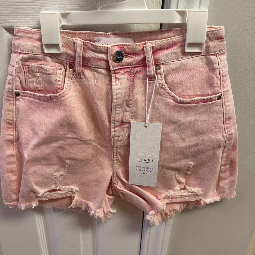 Risen high rise distressed denim shorts color acid pink size small